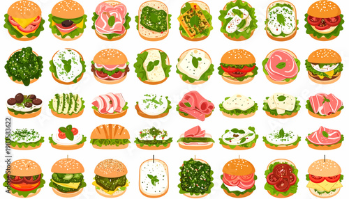 Variety of burgers and sandwiches displayed.