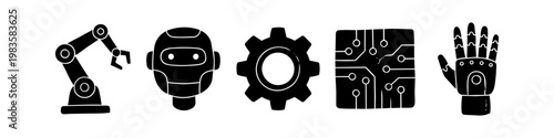 Set of black robotics and technology icons featuring a robotic arm, AI head, gear, circuit board, and robotic hand. Minimalist flat design for automation and engineering concepts.