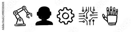 Set of hand-drawn robotics and AI icons: robotic arm, human silhouette, gear, circuit board, and bionic hand. Themes of automation, engineering, and future technology.