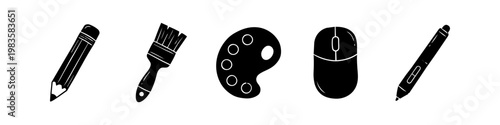 Set of five black silhouette icons for art and design, featuring a pencil, paintbrush, paint palette, computer mouse, and digital stylus. Perfect for creative industry concepts and web design.