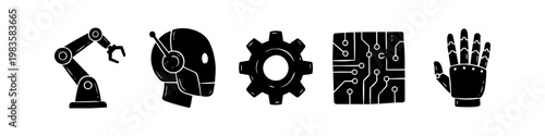 Black and white hand-drawn icons of robotics and AI: robotic arm, android head, gear, circuit board, and prosthetic hand. Minimalist technology vector illustration set for web and design.