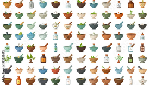 Colorful icons of mortar and pestle.