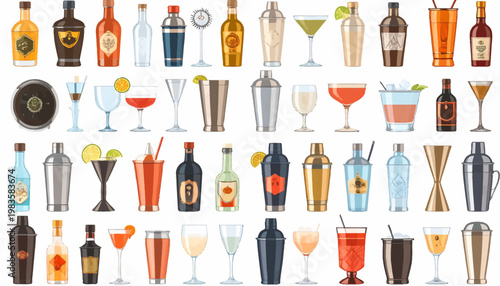 Cocktail glasses and bottles on table.