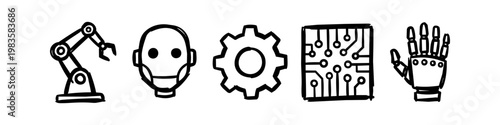 Hand-drawn doodle icons for robotics and artificial intelligence, featuring a robotic arm, android head, gear, circuit board, and robotic hand. Minimalist black ink on white background.