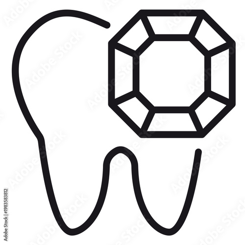 Minimalist black line art vector icon of a human tooth with a faceted diamond gemstone, representing cosmetic dentistry, tooth jewelry, dental gems, and aesthetic oral care illustration.