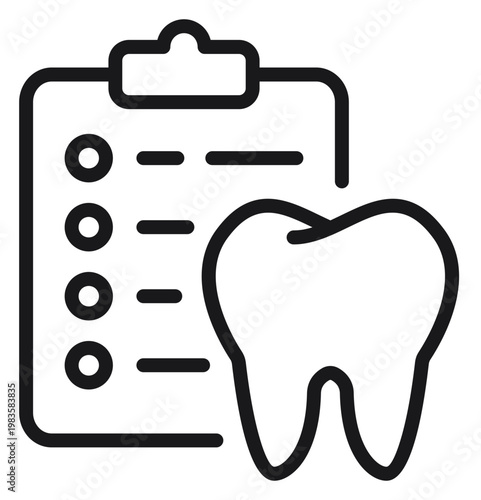Dental record and checkup vector icon illustration featuring a tooth silhouette in front of a clipboard with a checklist, representing oral health assessment, dental history, and planning.