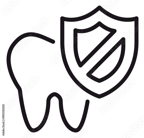 Dental Protection Vector Icon: Minimalist Black Line Art Illustration of a Tooth and Shield Symbolizing Oral Hygiene, Tooth Enamel Care, and Preventive Dentistry for Healthcare Design Projects