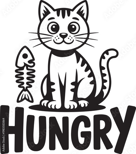 Cartoon cat with fish skeleton and hungry text kitten