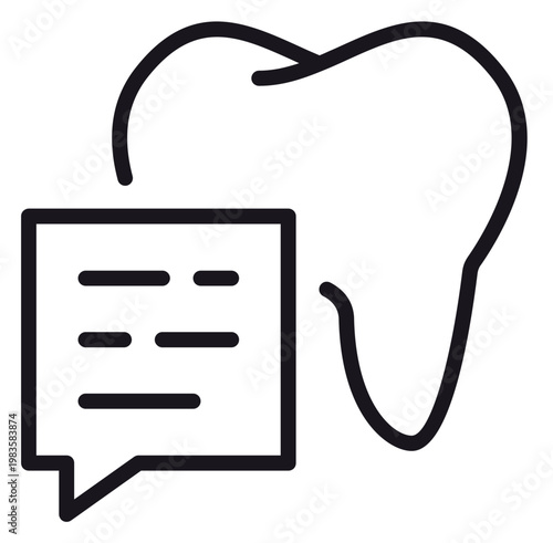 Black vector icon illustration of a human tooth molar combined with a speech bubble, symbolizing dental consultation, oral health advice, dentist appointment, and patient communication.