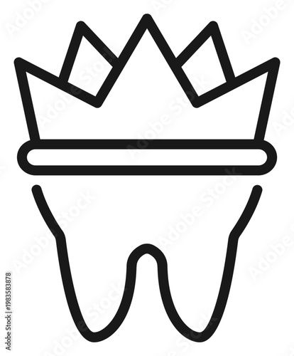 Minimalist black line art vector icon of a tooth wearing a royal crown, symbolizing dental excellence, premium oral healthcare, and professional dentistry services on a white background.
