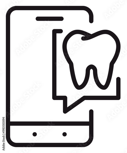 Online dental consultation vector icon featuring a smartphone with a tooth inside a speech bubble, representing mobile dentistry, tele-health apps, and digital oral healthcare services.