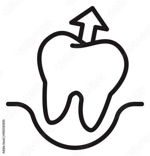 Dental tooth extraction vector icon illustration showing a molar being pulled from the gum line with an upward arrow, minimalist black line art symbol for dentistry and oral surgery.