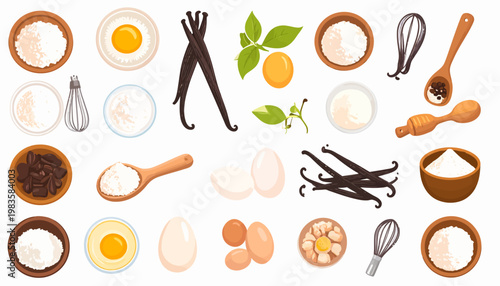 Baking ingredients and kitchen tools flatlay.