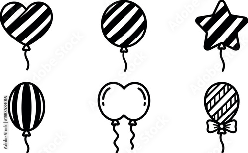 Black and white striped balloons with shapes heart star and bow vector art
