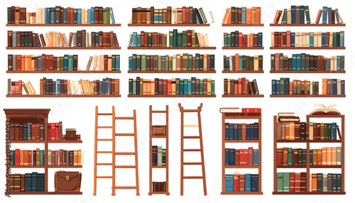Ladders and books on shelves.