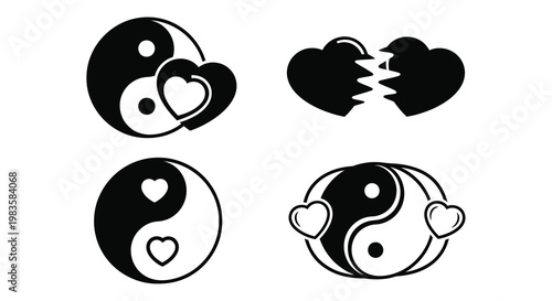 Yin yang hearts and broken heart designs in black and white silhouette
