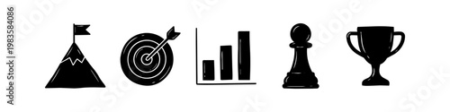 Set of hand-drawn business success icons featuring a mountain flag, target, bar chart, chess pawn, and trophy. Ideal for strategy, achievement, and goal-oriented concepts.