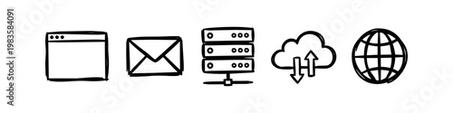 Set of hand-drawn black and white internet technology icons featuring a web browser, email, server rack, cloud computing, and globe. Minimalist sketch style for digital communication concepts.