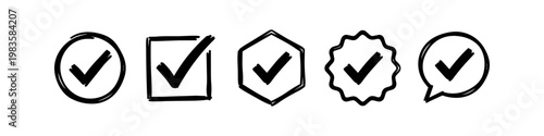 Tableau sur toile Set of five hand-drawn black checkmarks in circle, square, hexagon, badge, and speech bubble frames