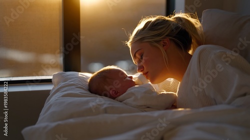 Mom Kisses Baby in Soft Morning Light in Cozy Bedroom Setting With Window View