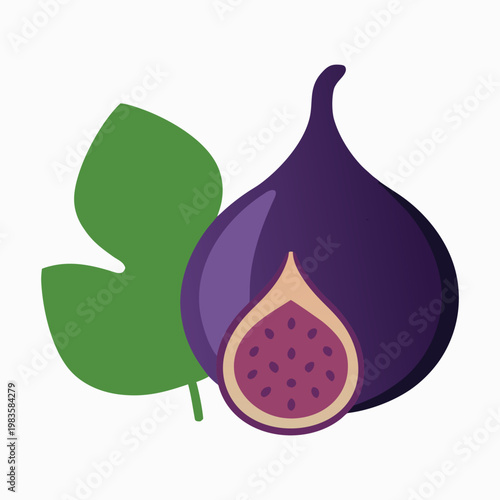 Fresh fig, purple fruit, green leaf, healthy food, vegetarian icon