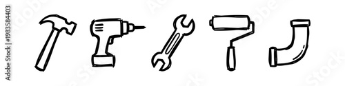 Hand-drawn doodle set of construction and home improvement tools including a hammer, drill, wrench, paint roller, and pipe. Sketchy line art icons for DIY, repair, and maintenance projects.