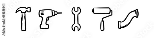 Hand-drawn doodle set of construction and DIY repair tools including a hammer, drill, wrench, paint roller, and pipe, isolated on a white background for home improvement projects.