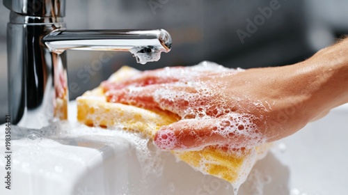 Hand Washing a Sponge Under Running Water at a Sink in a Kitchen Setting