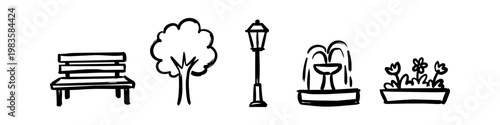 Set of hand-drawn park elements including a bench, tree, street lamp, fountain, and flower planter. Minimalist black ink doodle style isolated on white background.