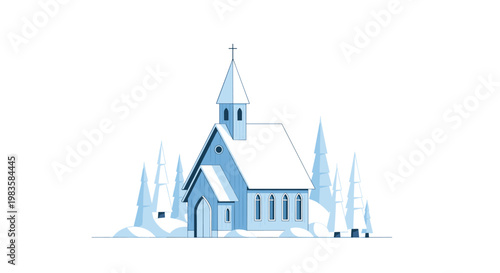 A quaint blue wooden chapel with a tall steeple stands peacefully amidst a cluster of snow-covered pine trees in a serene wintry landscape setting now.