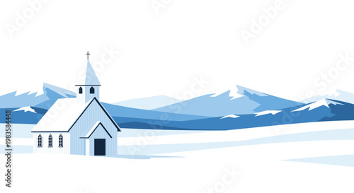 A solitary white church with a dark door sits within a vast snowy field backed by majestic blue mountain peaks under a clear bright winter sky landscape.