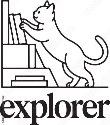 Cat reaching for books on shelf with explorer text
