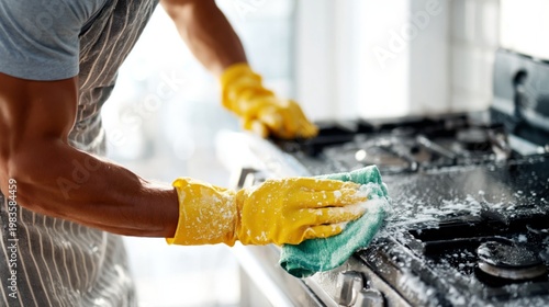 Cleaning a Sink With a Sponge and Gloves in a Kitchen Setting During the Day