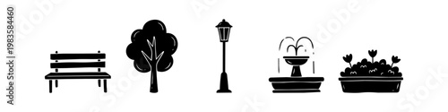 Hand-drawn park silhouettes featuring a bench, tree, street lamp, fountain, and flower bed. Minimalist vector set for urban landscape and garden design projects.