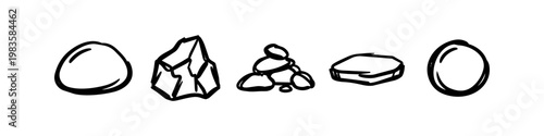 Hand-drawn black and white doodle set of various stones and rocks, including pebbles, jagged minerals, and flat slabs. Minimalist line art illustration on a white background.