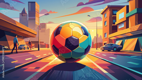 Vector image of a colorful soccer ball on the asphalt of a busy street, with cars and people passing by in the background.