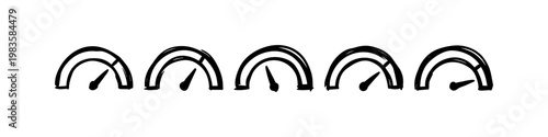 Hand-drawn sketch of five speedometer icons showing different speed levels, perfect for performance, progress, and intensity concepts. Minimalist black ink doodle style on white background.