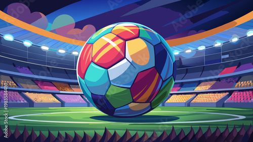Vector image of a colored soccer ball in the foreground on a stadium lawn, illuminated by night floodlights.