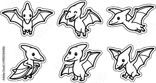 Cute black and white cartoon pterodactyl characters with wings flying and waving