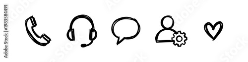 Hand-drawn communication and customer support icons set in a sketchy doodle style. Includes phone, headset, speech bubble, profile settings, and heart icon on a white background.