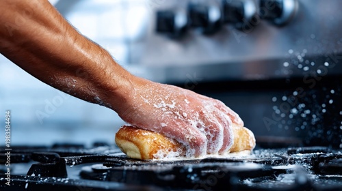 Person Cleaning Stove With Soap and Sponge in Kitchen During Day