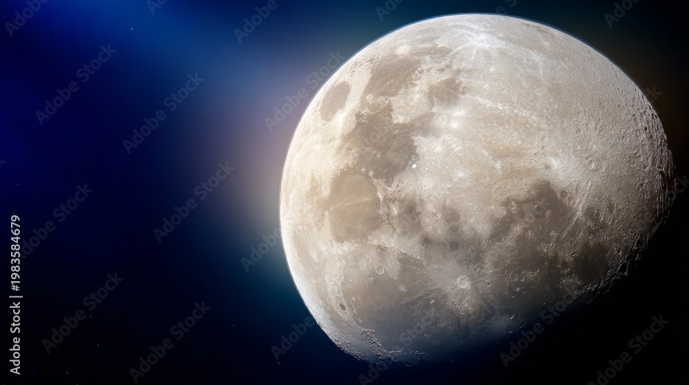 Obraz premium fullmoon. A stunning super moon illuminating the night sky with its detailed surface against a dark blue backdrop. STEM education sheets. 