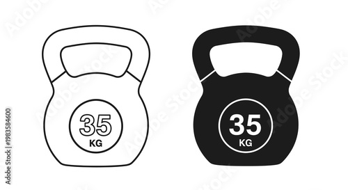 Two kettlebell icons one white outline and one solid black displaying 35 kg