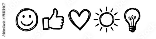 Foto Hand-drawn black ink doodle icons: smiley face, thumbs up, heart, sun, and lightbulb on a white background
