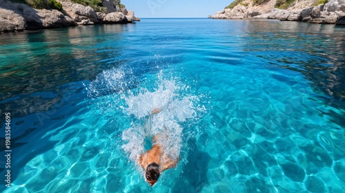 Man Dives Into Clear Water From Boat in Sunny Location Near Hills