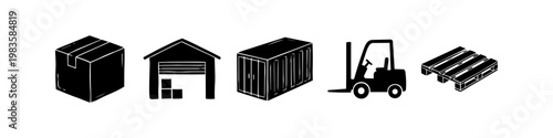 Cuadro en lienzo Collection of hand-drawn logistics icons featuring a box, warehouse, shipping container, forklift, and pallet