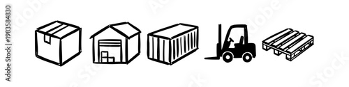 Set of hand-drawn logistics and shipping icons including a cardboard box, warehouse, shipping container, forklift, and pallet. Minimalist doodle style on a white background.