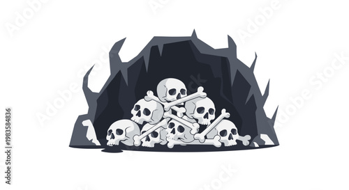 A grim pile of white human skulls and crossed bones rests within the dark and jagged entrance of a mysterious underground rocky cave environment setting.