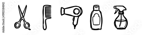 Hand-drawn set of hair salon and barbershop tools icons including scissors, comb, hair dryer, shampoo bottle, and spray bottle. Minimalist black and white doodle style line art illustration.