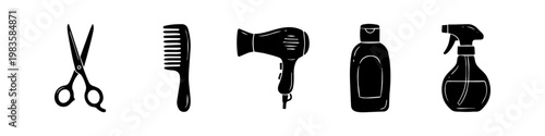 Set of black hair salon tool icons including scissors, comb, hairdryer, shampoo bottle, and spray bottle. Minimalist professional hairdressing equipment silhouettes isolated on white.